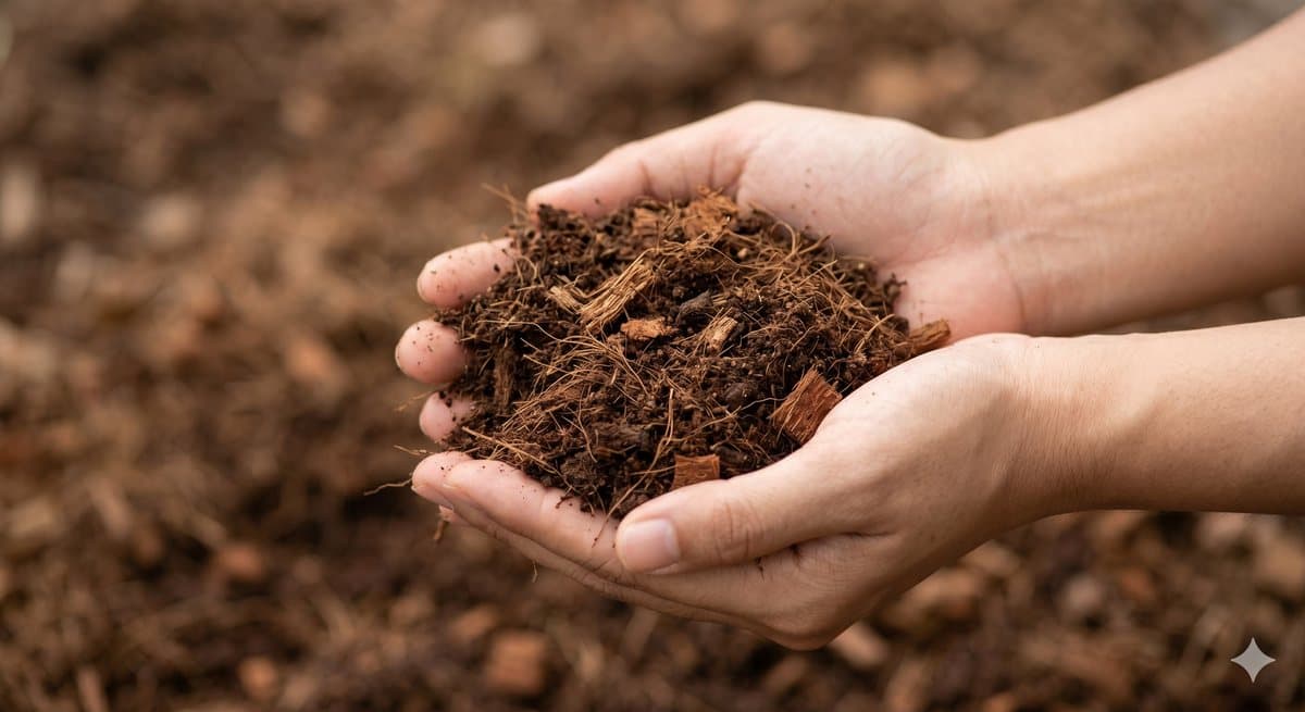 Two hands holding a scoop of fresh arborist wood chips.
